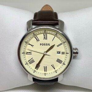 Fossil BQ1016 men watch all stainless 42mm date beige dial brown leather running